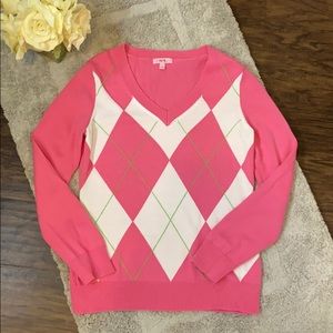 Lilly Pulitzer Argyle V-Neck Sweater Pink White
